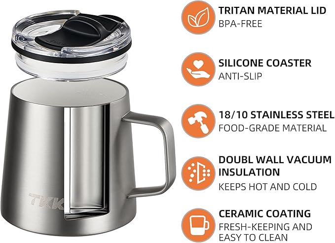 TKK 12 oz Insulated Coffee Mug with Handle Ceramic Coating Detachable Slider Lid Stainless Steel Tumbler Double Wall Vacuum Travel Cup