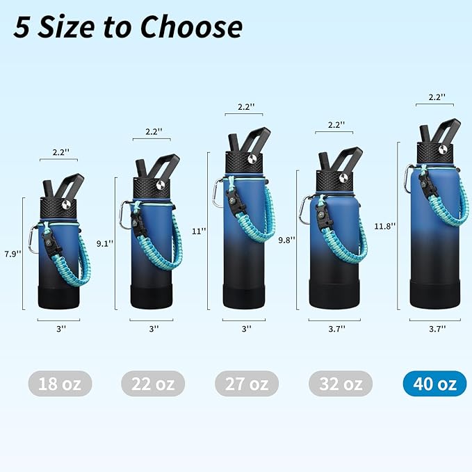 BJPKPK Insulated Water Bottle with Straw Lid, 40oz Large Thermo with 3 Lids, Paracord Handle & Non-slip Boot, BPA Free Leak Proof Stainless Steel Metal Water Bottles, Tumblers, Cups,Blue Black