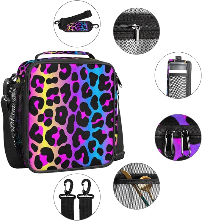 Rainbow Cheetah Leopard Print Lunch Bag Box for Kids Boys Girls Insulated Lunch Tote Bag with Adjustable Shoulder Strap Reusable Waterproof Thermal Cooler Bag for School Work Picnic Women Men