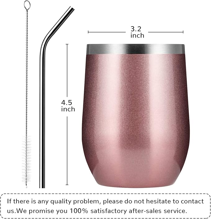 MEWAY 12oz/8 Pack Wine Tumbler Glasses with Lid - Stemless Double Wall Vacuum Stainless Steel Travel Tumbler - Keeping Cold & Hot for Wine,Coffee,Cocktails,Drinks (Rose gold,Set of 8)