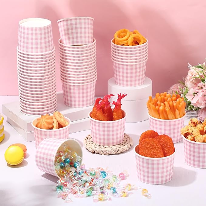 50 Pack Pink Gingham Ice Cream Cups 9 oz Pink and White Checkered Disposable Dessert Bowls Paper Soup Bowls Plaid Snack Cups for Hot or Cold Food for Baby Shower Wedding Birthday Supplies