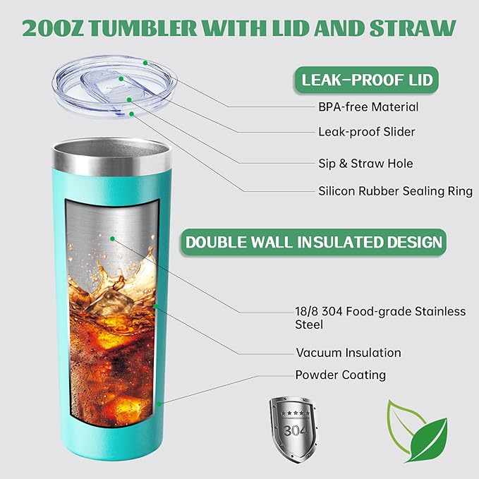 20 oz Skinny Tumbler with Lid and Straw,Stainless Steel Vacuum Insulated Tumbler Cup Double Wall Leak-proof Coffee Mug,Travel Thermal Water Tumbler for Home,Office,Outdoor(Teal,8)