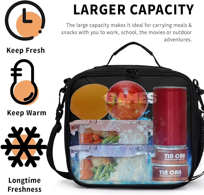 Video Game Lunch Box for Boys Insulated Gamepad Lunch Bag for Kids Reusable Cool Game Gamer Lunchbox Portable Lunch Tote With Adjustable Shoulder Strap for Teens Women Men Work School Travel Picnic