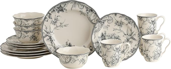 222 Fifth Adelaide 16-Piece Casual Grey Porcelain Dinnerware Set – Service for 4, Classic Toile Bird & Floral Design, Microwave & Dishwasher Safe, for Everyday Dining & Entertainment