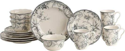 222 Fifth Adelaide 16-Piece Casual Grey Porcelain Dinnerware Set – Service for 4, Classic Toile Bird & Floral Design, Microwave & Dishwasher Safe, for Everyday Dining & Entertainment
