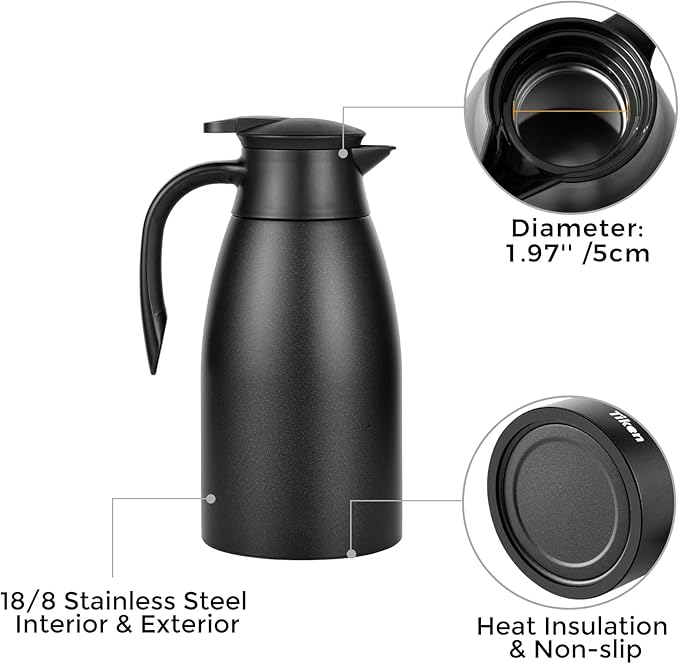 Tiken 68 Oz Thermal Coffee Carafe, Stainless Steel Insulated Vacuum Coffee Carafes For Keeping Hot, 2 Liter Beverage Dispenser (Starry Black)