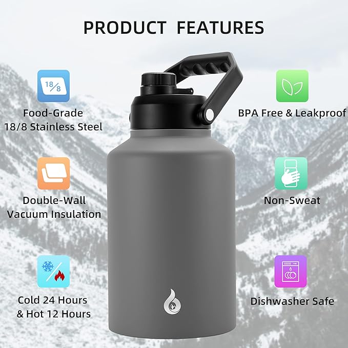 BJPKPK One Gallon(128 oz) Insulated Water Bottle, Dishwasher Safe Stainless Steel Thermo, BPA Free Jug with Ergonomic Handle & Anti-slip Bottom, Large Water Bottle, Grey