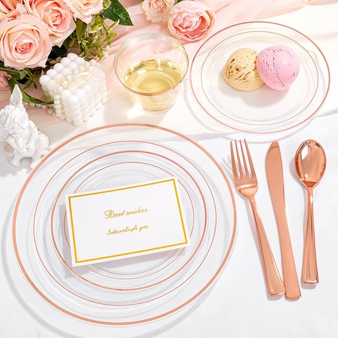 bUCLA 150PCS Clear Rose Gold Disposable Dinnerware set - Rose Gold Plastic Plates Include 25 Dinner / 25 Dessert Plates, 25 Knives, 25 Forks, 25 Spoons, 25 Cups for Party, Wedding & Mother's Day
