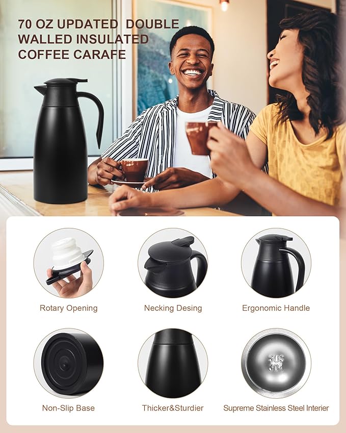 70Oz Thermal Coffee Carafe for keeping hot, Airpot Insulated Carafe Stainless Steel Thermal Pot for Coffee, (black+silver)