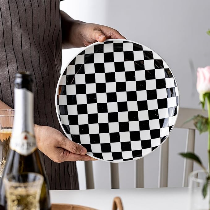 Ceramic Dinner Plates Set of 6-10 Inch Salad Plates, Black and White Checkered Porcelain Dinner Plates Microwave, Oven & Dishwasher Safe, Minimalist Porcelain Dish Set