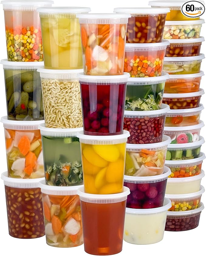60 Sets (120-Piece) Deli Containers with Lids, 32/16/8 oz X 20 Set Each, Leak-Proof & BPA Free Airtight Takeout Plastic Food Storage Containers for Soup, Freezer/Microwave/Dishwasher Safe