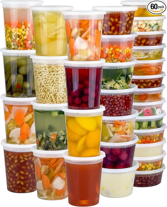 60 Sets (120-Piece) Deli Containers with Lids, 32/16/8 oz X 20 Set Each, Leak-Proof & BPA Free Airtight Takeout Plastic Food Storage Containers for Soup, Freezer/Microwave/Dishwasher Safe
