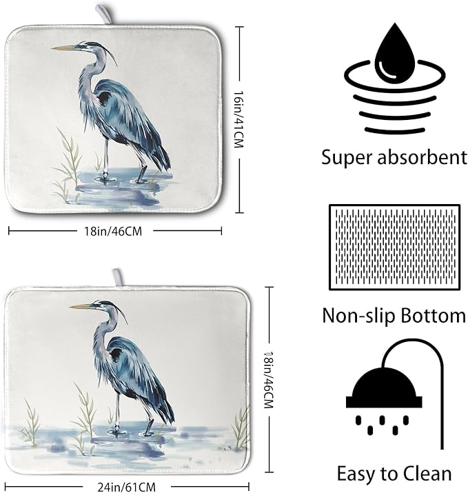 Summer Dish Drying Mat Blue White Heron Beach Absorbent Microfiber Drying Mats for Kitchen Counter Coastal Nautical Birds Dishes Drainer Mat 16x18 Inch