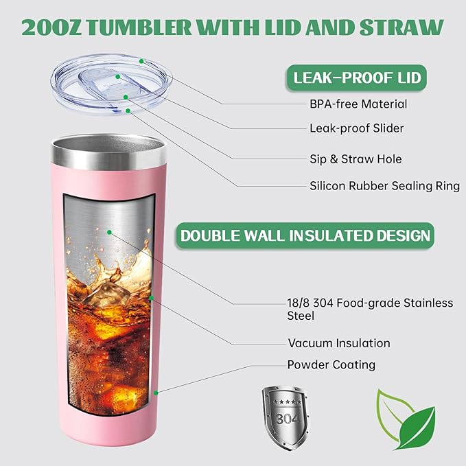 20 oz Skinny Tumbler with Lid and Straw,Stainless Steel Vacuum Insulated Tumbler Cup Double Wall Leak-proof Coffee Mug,Travel Thermal Water Tumbler for Home,Office,Outdoor (Pink,1)