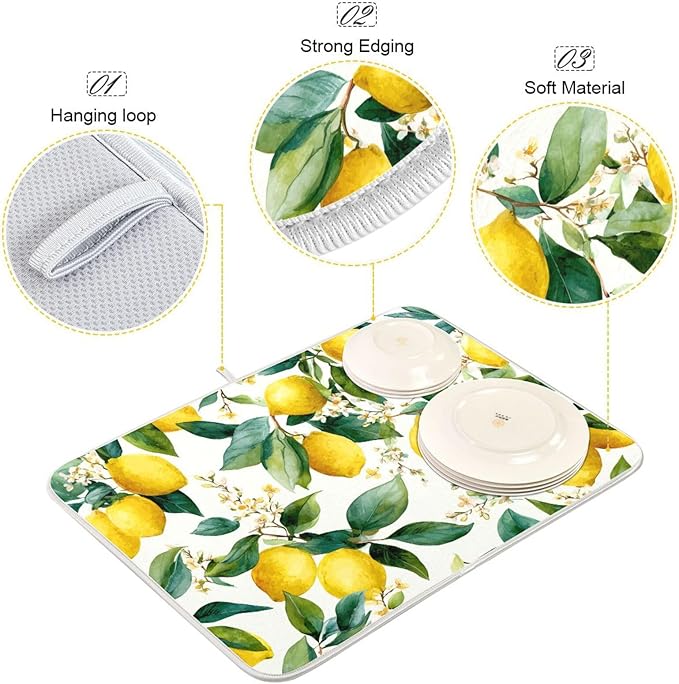 Watercolor Lemons Dish Drying Mat for Kitchen Counter Super Absorbent Dishes Pad Reversible Microfiber Protector Dish Draining Mats 16x18 inch