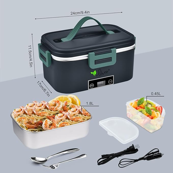 Vovoir 1.8L Large Electric Lunch Box,80W 110V/12V/24V 3 in 1 Portable Food Warmer Lunch Heater for Car Truck Home Work,Heated Lunch Boxes for Adults-Leak Proof