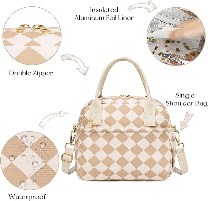CAMTOP Lunch Box for Women Insulated Lunch Bag Lunchbox Cooler Thermal Leakproof Quilted Reusable Lunch Tote Bag for Work School Travel Picnic (Brown-White Check)