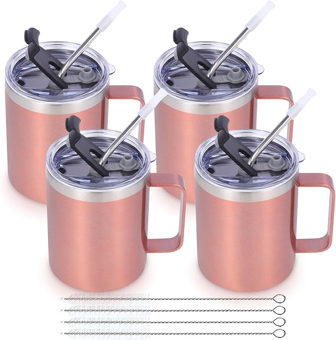 Volhoply 12oz Insulated Leakproof Coffee Mug with Flip & Straw Lid Bulk 4 Pack,Double Wall Vacuum Stainless Steel Travel Tumbler Cup with Handle,Camping Mugs Keep Cold/Hot(Rose Gold,4 Set)