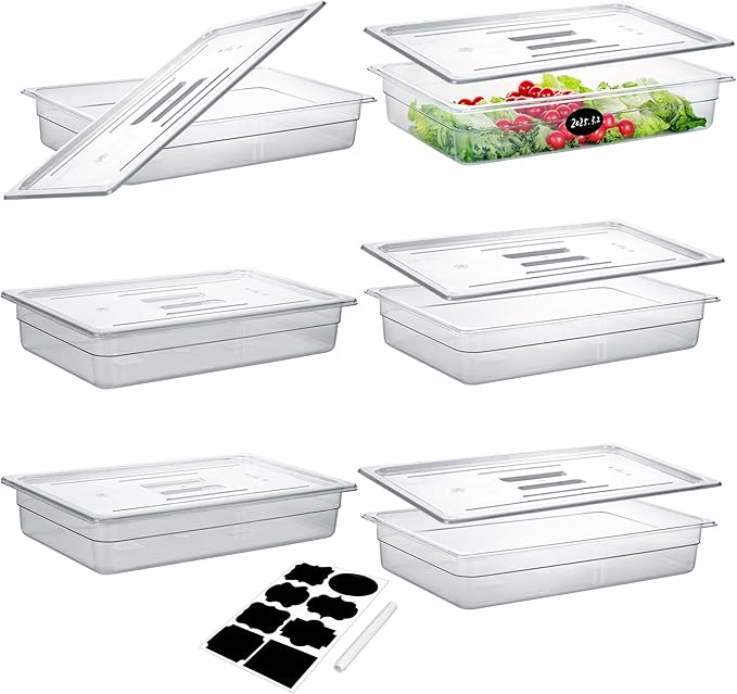 6 Pack NSF Food Pans with Lids, Full Size 4'' Deep Commercial Food Storage Containers, Polycarbonate, Clear