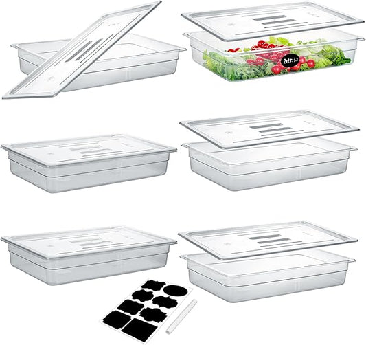 6 Pack NSF Food Pans with Lids, Full Size 4'' Deep Commercial Food Storage Containers, Polycarbonate, Clear