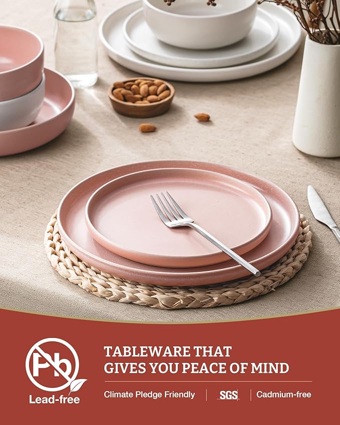 Famiware Milkyway Plates and Bowls Sets, 12 Pieces Dinnerware Sets, Reactive Glaze Dish Set, Stoneware Dishes Set for 4, Matte White & Light Pink