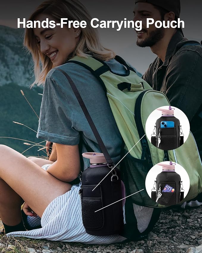 Trebo Water Bottle Insulated 64 oz with Handle,Half Gallon Double Wall Vacuum Stainless Steel Metal Large Jug with Handle, Wide Mouth Flask Mug with Carry Pouch, Keep Ice Cold 48hrs, Purple