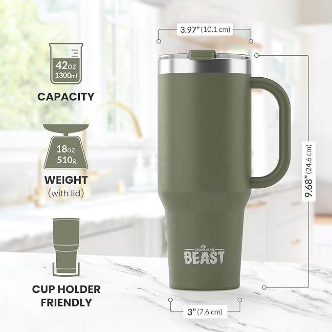 Beast 42 oz Tumbler Stainless Steel Vacuum Insulated Coffee Ice Cup Double Wall Travel Flask (Army Green)