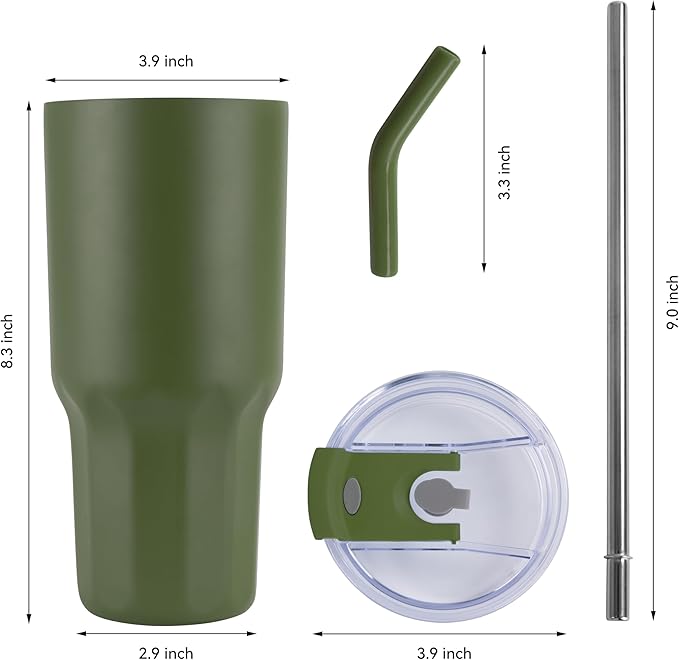 VEGOND 30 oz Insulated Stainless Steel Tumblers with lid and straw Bulk Pack Coffee Mug with Non-Slip Silicone Base, Sweat Proof Powder Coated Cup for Hot Cold Drinks, Army Green 8Pack
