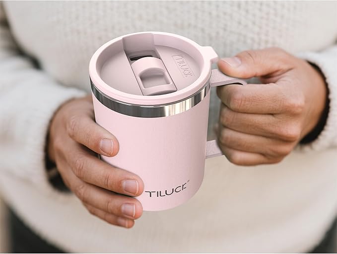 TILUCK 12 oz Insulated Coffee Mug with Lid, Leak-Proof Stainless Steel Travel Mug Cup with Handle for Hot or Cold Drinks(LightPink, 12oz)