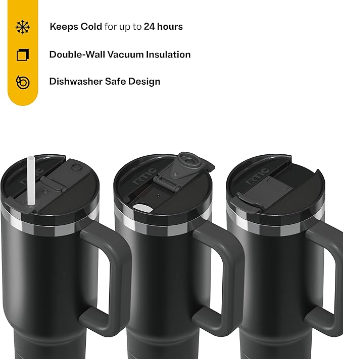 RTIC 40 oz Road Trip Tumbler Double-Walled Cermaic Lined Insulated Stainless Steel Portable Travel Coffee Mug Cup with Lid, Handle and Straw, Black