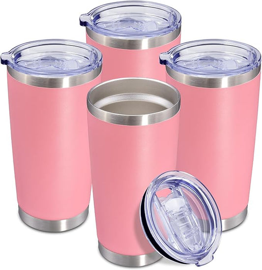 20 oz Tumbler Coffee Tavel Tumblers Bulk with Lid Stainless Steel Double Wall Vacuum Insulated Mug Powder Coated Cups fit Car Cupholder for Hot and Cold - Pink, 4Pack