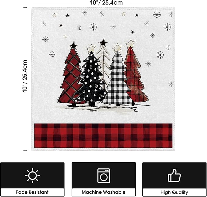 Artoid Mode Red Black Buffalo Plaid Snowman Xmas Trees Christmas Kitchen Towels Dish Towels, 10x10 Inch Daily Seasonal Winter Decoration Hand Towels Set of 4