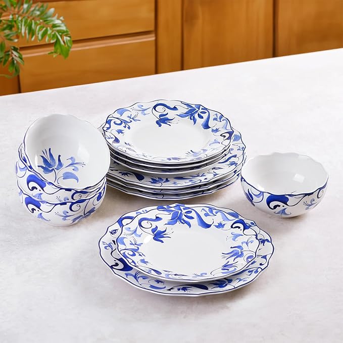 222 Fifth 12-Piece Porcelain Dinnerware Set for 4, Blue & White Plates and Bowls Set, Glossy Ceramic Dish Set with Beautiful Floral Rims, Elegant Kitchen Dishes, Microwave & Dishwasher Safe, Ayla