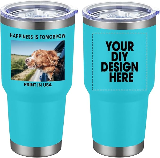 Personalized Custom Tumbler Print in USA 30oz Stainless Steel Coffee Cup with Lid & Straw Double Wall Insulated Tumbler with Colorful Text Logo Photo