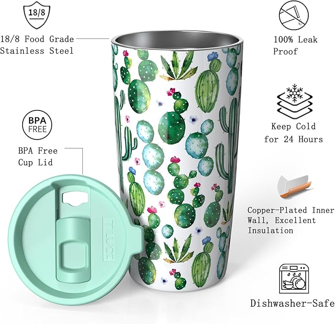 TILUCK 20 oz Tumbler with Leak-Proof Lid, Vacuum Insulated Stainless Steel Coffee Mug, Double-Walled Travel Tumbler for Hot and Cold Drinks(Cactus, 20oz)