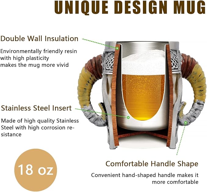 18oz Gift Horn Skull Beer Mug Stainless Steel Large Coffee Cup Norse Gothic Decor Viking Festival Gift GOT Pirate Decor