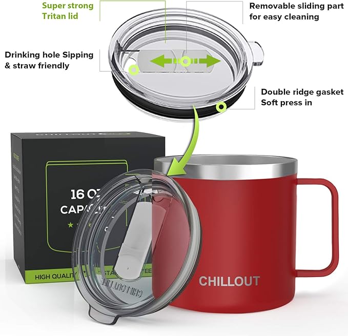 CHILLOUT LIFE Stainless Steel 16 oz Vacuum Insulated Coffee Mug with Handle and Lid, Large Thermal Camping Coffee Mug Cup with Durable Sliding Lid for Men & Women, Keeps your Beverages Hot & Cold