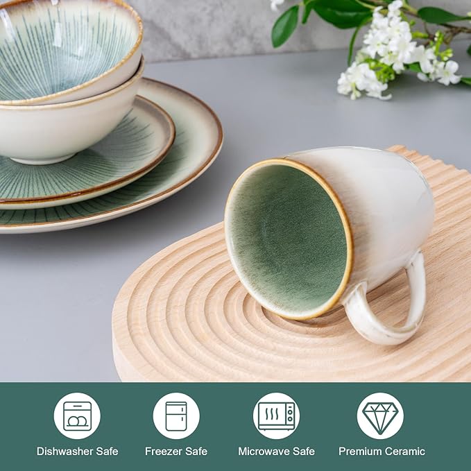 Dinnerware Set Green Stoneware 16 Pieces Service for 4, Stoneware Plates and Bowls Set Highly Chip Dishwasher Microwave Safe Dishes set