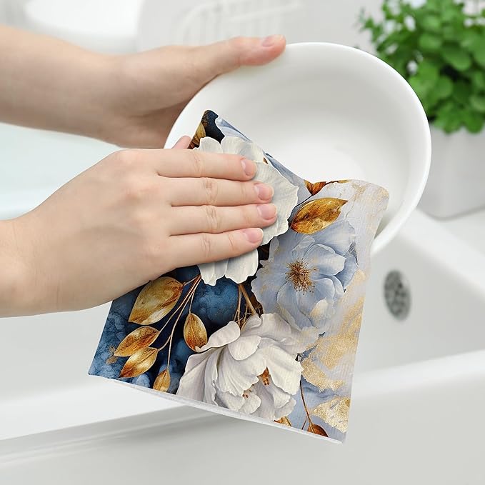 Retro Floral Kitchen Towels Decorative Set of 2, Absorbent Golden Dish Towels for Kitchen Drying, Cute Tea Towels Hand Towels for Kitchen Bar Bathroom Decor,Housewarming Gifts for Women