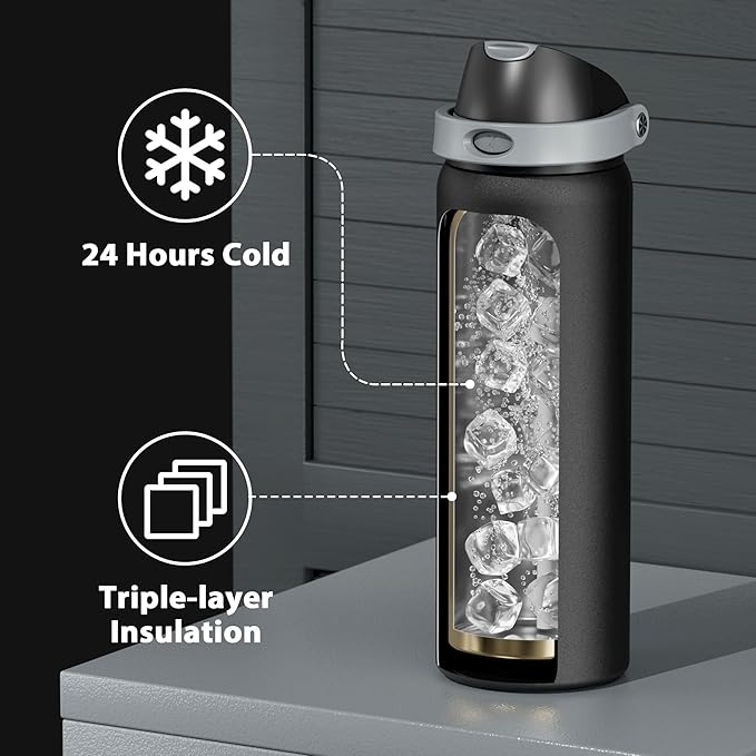 32 oz Insulated Water Bottle for Sports: Meoky Stainless Steel Water Bottle with 2-in-1 Straw and Spout Lid - Leak Proof, Cold for 24 Hours, Protective Silicone Base, BPA-Free for Gym, Night