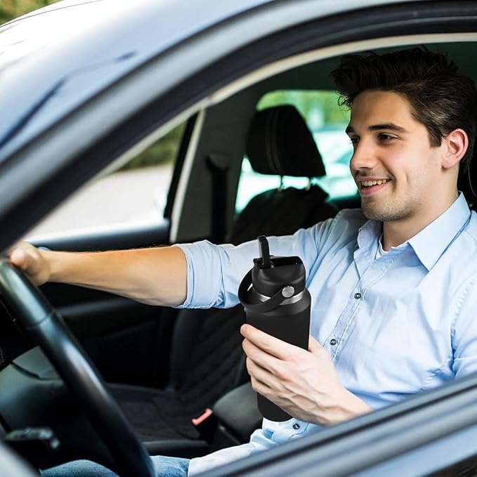 SENDESTAR 40oz Stainless Steel Water Bottle(Cold for 48 Hrs, Hot for 24 Hrs),Double Wall Vacuum Insulated Bottle with Straw Lid, Spout Lid and Flex Cap, Fit in Any Car Cup Holder，Grey-B