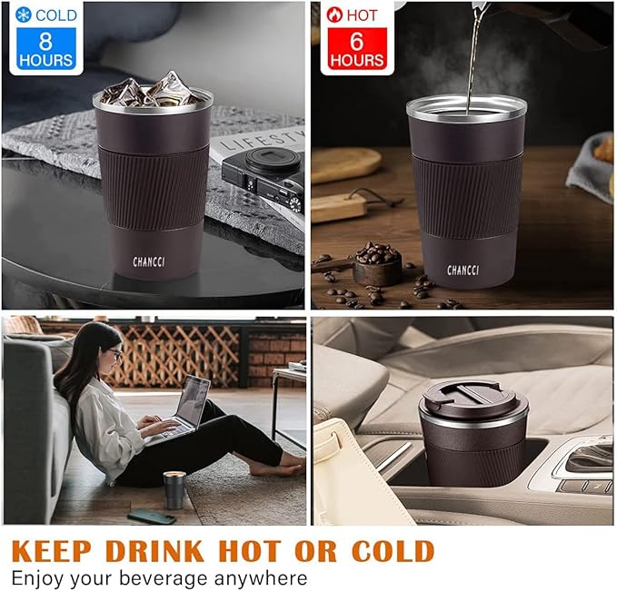 Travel Coffee Mug Spill Proof Leakproof 12 oz Insulated Coffee Mug with Screw Lid, Stainless Steel Vacuum Tumbler Reusable Thermal Coffee Cup to go for Hot and Cold Drinks -380ml, Brown