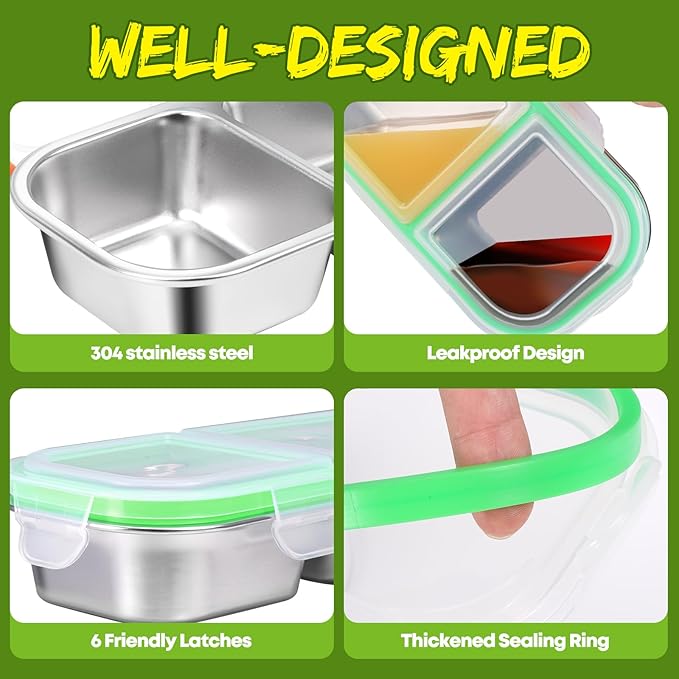 2 Pack Stainless Steel Snack Containers with Lids - Reusable 2 Compartment Snackle Box Container Divide Wet Dry Leakproof Metal Food Storage Containers for School, Home, Travel (Blue + Green)