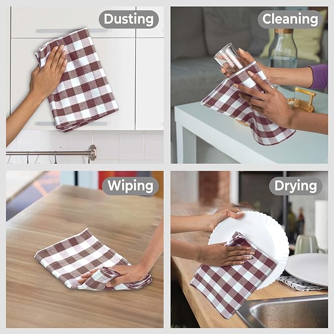 Urban Villa Kitchen Towels Set of 6 Buffalo Checks Brown/White Kitchen Towels 20X30 Inches 100% Cotton Highly Absorbent Kitchen Towels Premium Quality Ultra Soft Mitered Corners Kitchen Towels