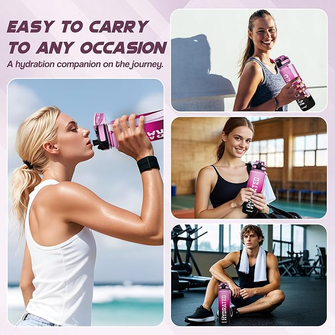 Water Bottle, 32oz Sports Water Bottles with Time Marker Wide Mouth, Motivational and Leakproof Drink Bottle, BPA Free Tritan with Carry Strap for Gym Fitness Outdoor (Direct Drink 1 Bottle)