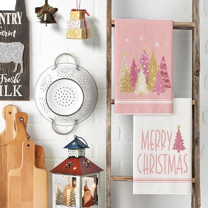 Artoid Mode Pink Xmas Tree Merry Christmas Kitchen Towels Dish Towels, 18x26 Inch Farmhouse Star Holiday Winter Decoration Hand Towels Set of 2