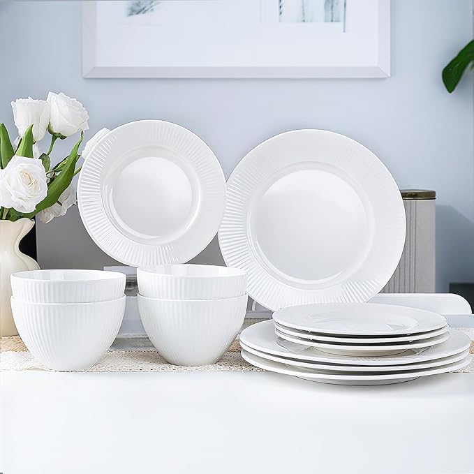12 Piece Porcelain Dinnerware Sets for 4, White Plates and Bowls Sets with Embossed Stripe Decro, Elegant Kitchen Dish Sets - Dishwasher and Microwave Safe, QOMO-1996