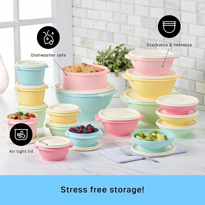Tupperware Heritage Collection 36 Piece Food Storage Container Set in Vintage Colors- Dishwasher Safe & BPA Free - (18 containers + 18 lids)