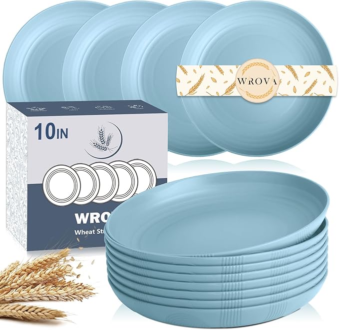Wrova Wheat Straw Plates - 10 Inch Unbreakable Deep Dinner Plate Set of 8 - Dishwasher & Microwave Safe Plastic Plates Reusable - Lightweight Plate for Kitchen,Outdoor, RV. (Light Blue)