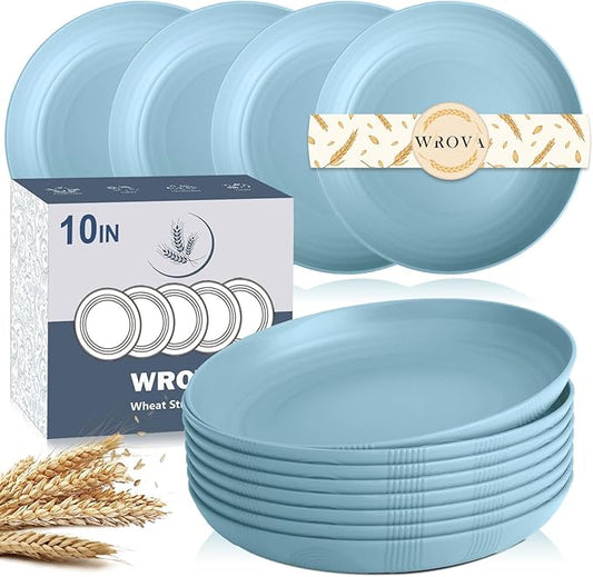 Wrova Wheat Straw Plates - 10 Inch Unbreakable Deep Dinner Plate Set of 8 - Dishwasher & Microwave Safe Plastic Plates Reusable - Lightweight Plate for Kitchen,Outdoor, RV. (Light Blue)